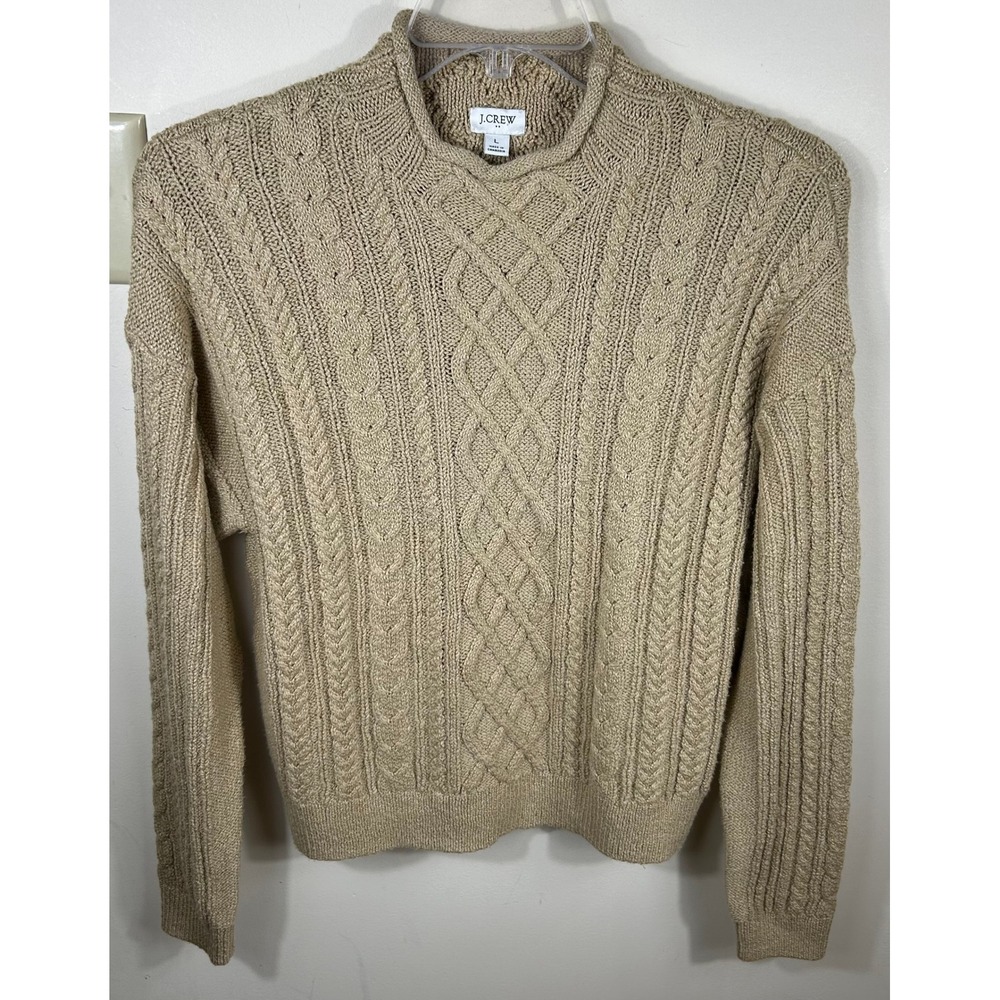 J.Crew Cable Knit Sweater Womens L Beige CF738 Cotton Blend Roll Neck Old Money
